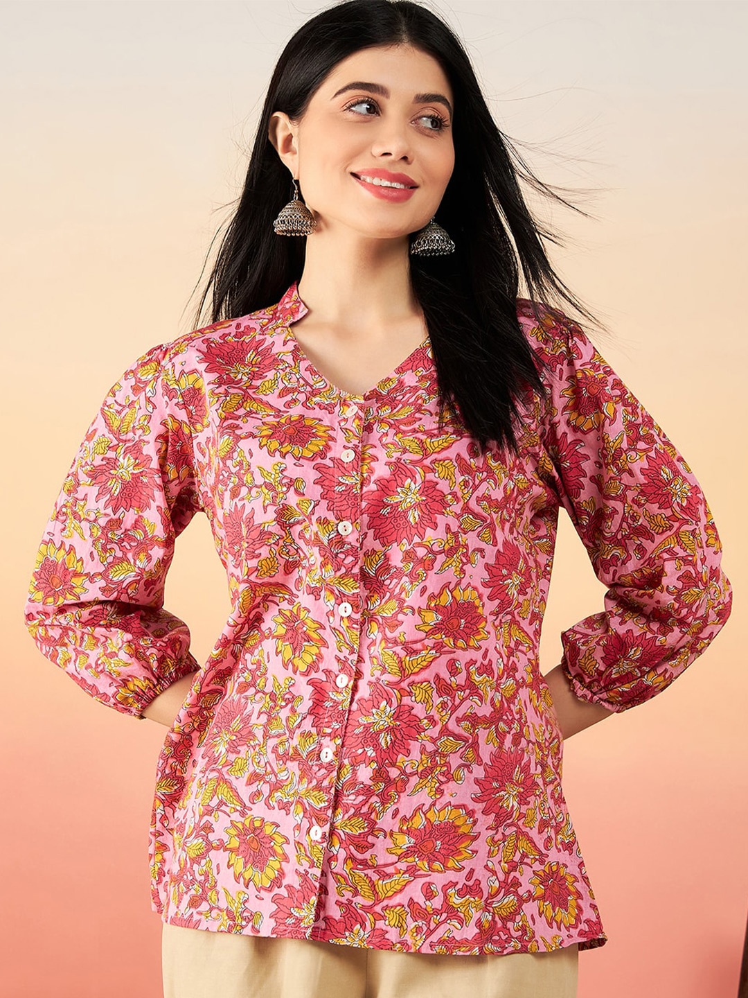 

Sangria Floral Printed Pure Cotton Top, Pink