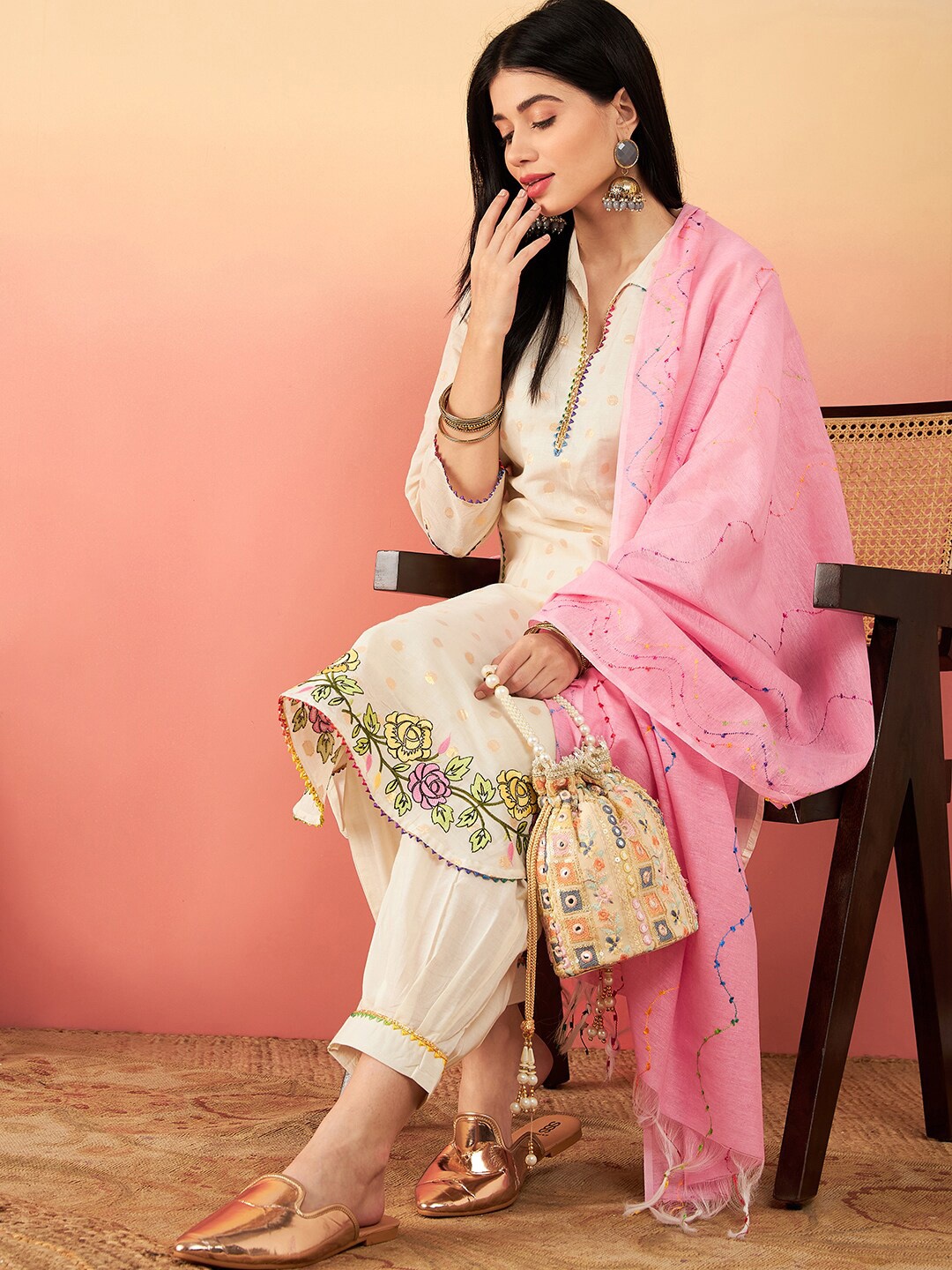 

Sangria Woven Design Pure Cotton Kurta With Harem Pants & Dupatta, Off white
