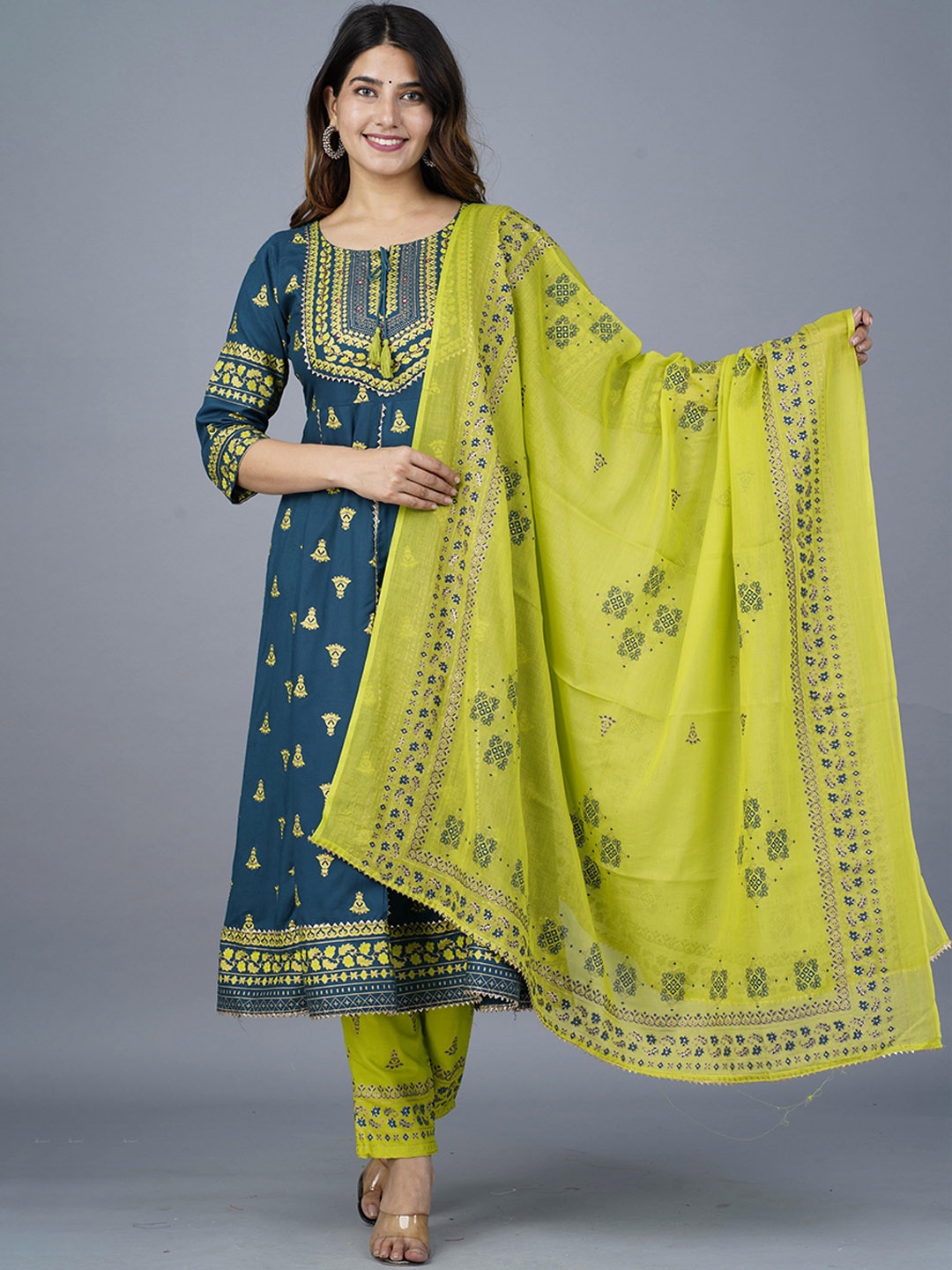 

KALINI Ethnic Motifs Printed Gotta Patti Anarkali Kurta With Trousers & Dupatta, Teal