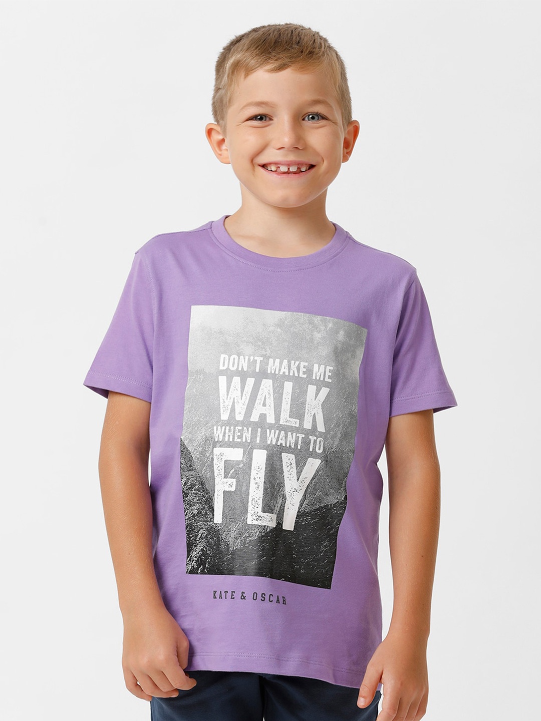 KATE & OSCAR Boys Typography Printed Cotton T-shirt, Purple