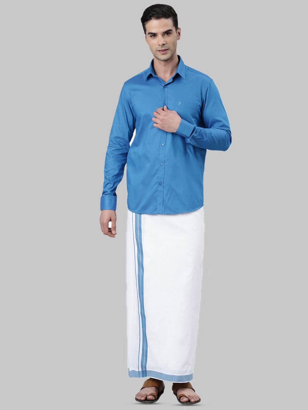 

ALAYA Pure Cotton Shirt With Veshti, Blue