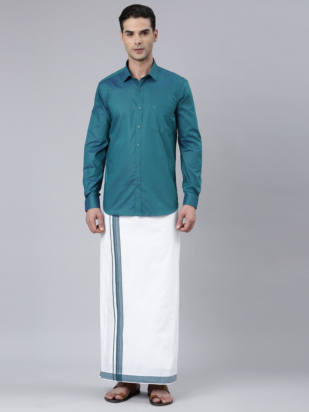 

ALAYA Pure Cotton Shirt With Veshti, Teal