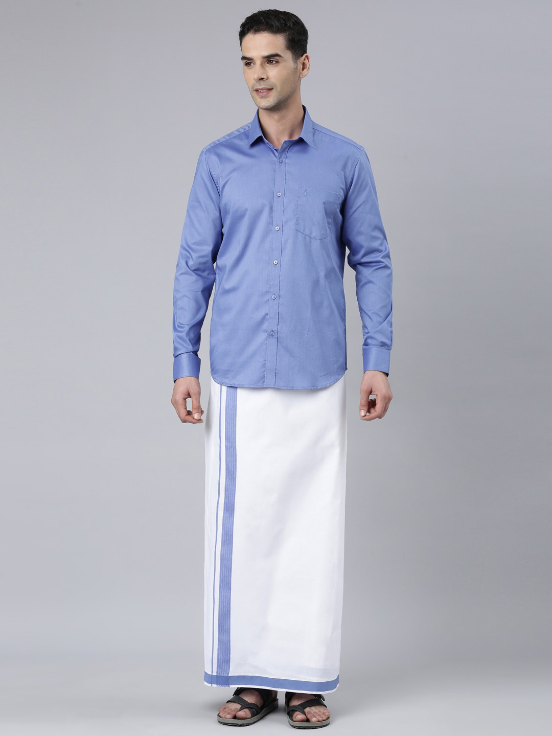 

ALAYA Shirt Collar Pure Cotton Shirt With Veshti, Blue