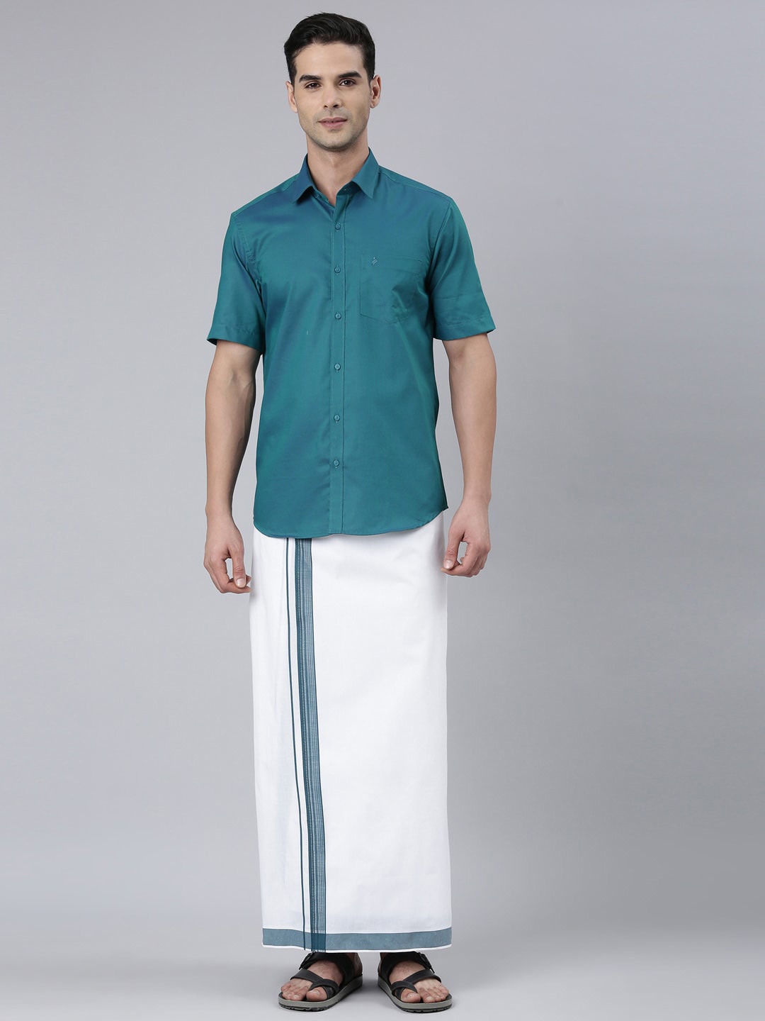 

ALAYA Shirt Collar Pure Cotton Shirt With Veshti, Teal