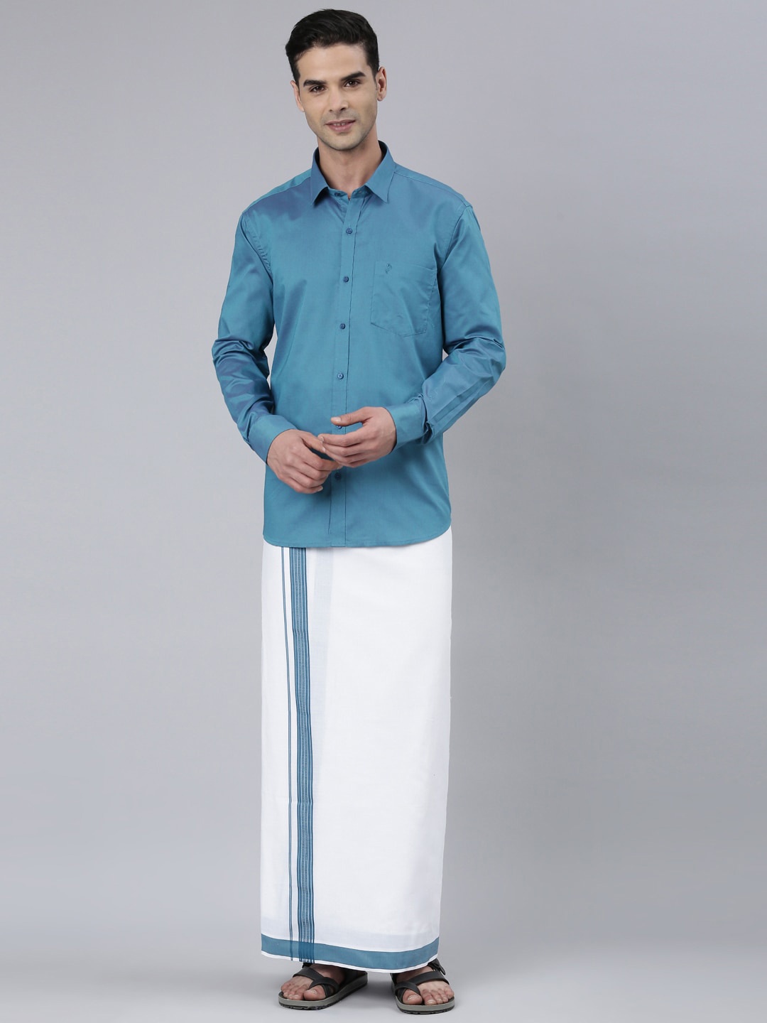 

ALAYA Shirt Collar Pure Cotton Shirt With Veshti, Green
