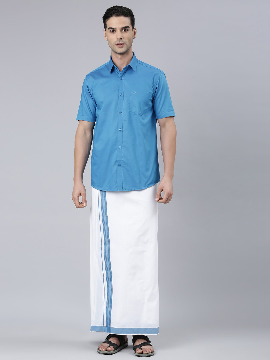 

ALAYA Pure Cotton Shirt With Veshti, Blue