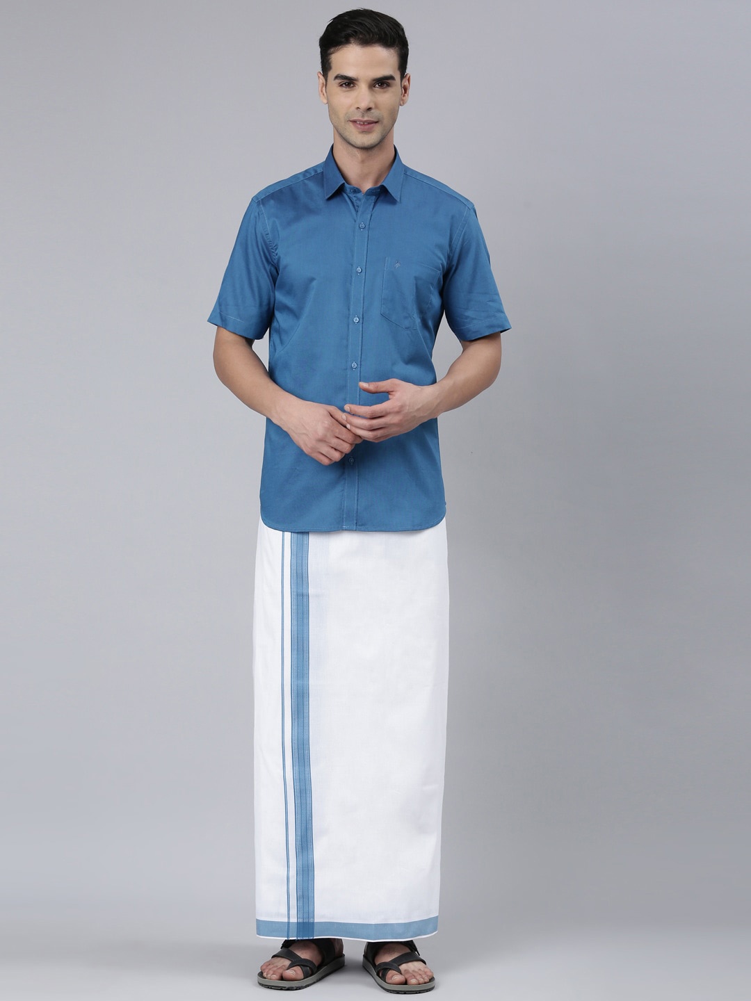 

ALAYA Shirt Collar Pure Cotton Shirt With Veshti, Blue