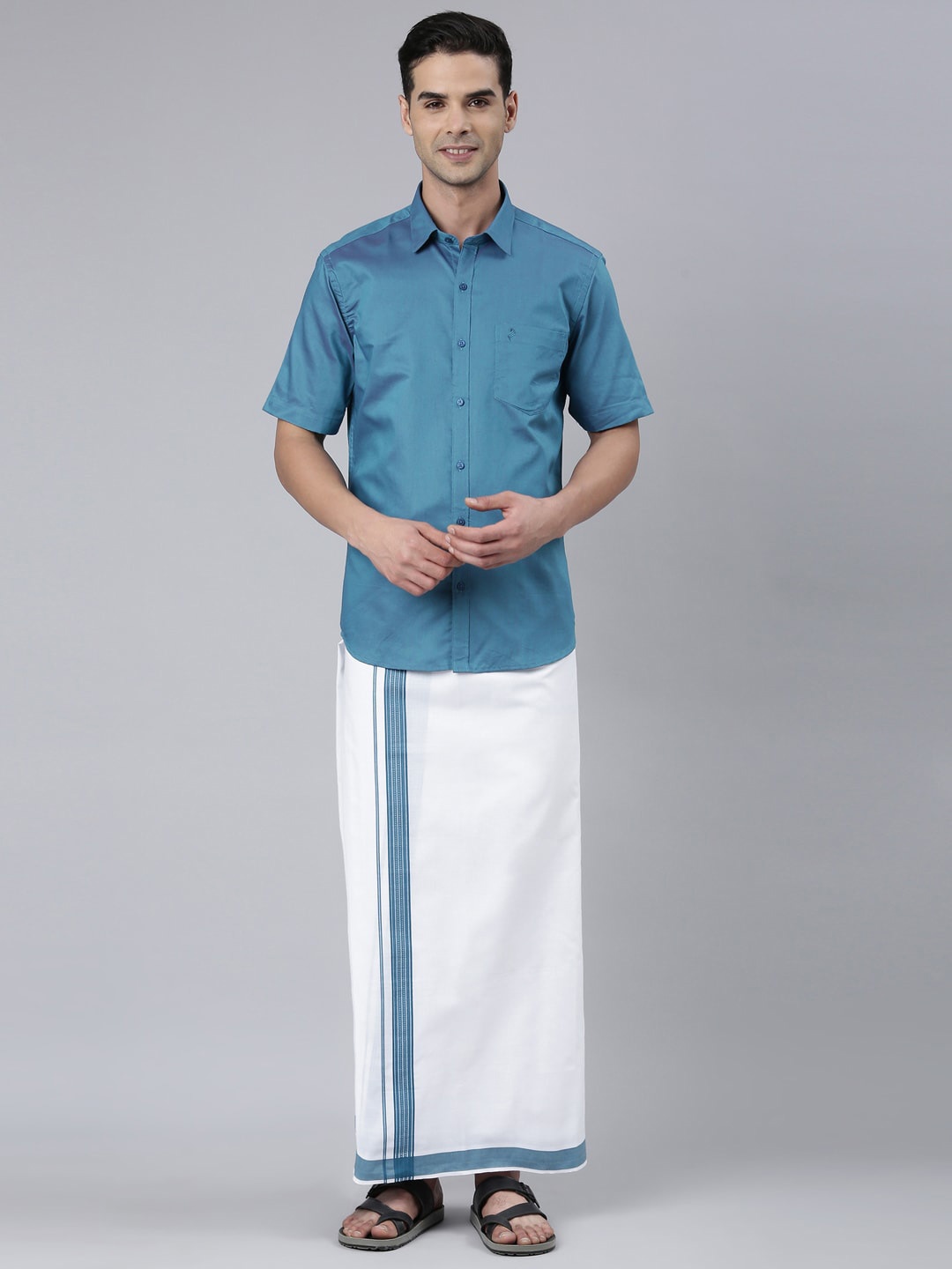 

ALAYA Pure Cotton Shirt With Veshti, Blue