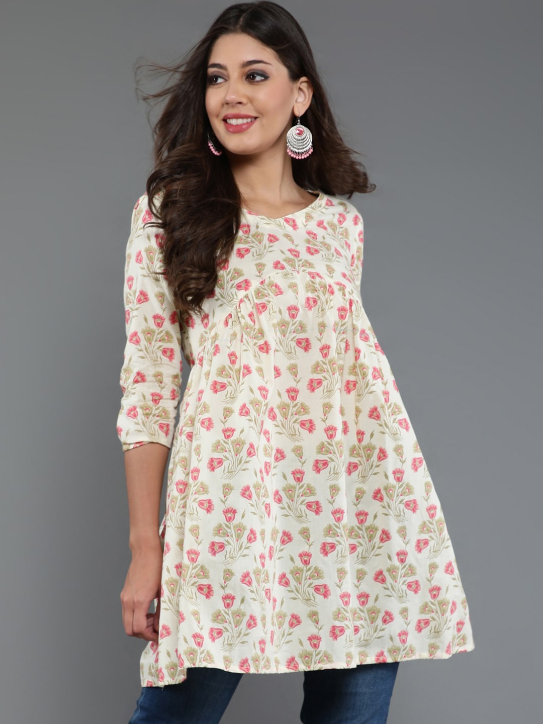 

antaran Floral Printed V-Neck Gathers Detail Pure Cotton Tunic, Cream