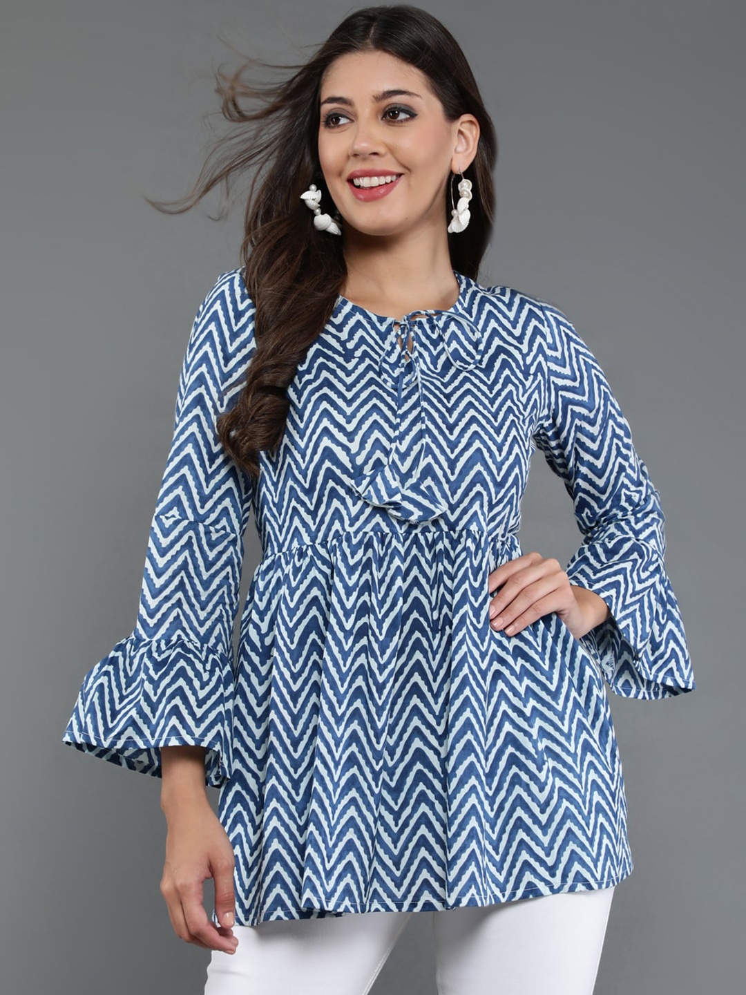 

antaran Geometric Printed Tie-Up Neck Bell Sleeves Gathers Pure Cotton Tunic, Blue
