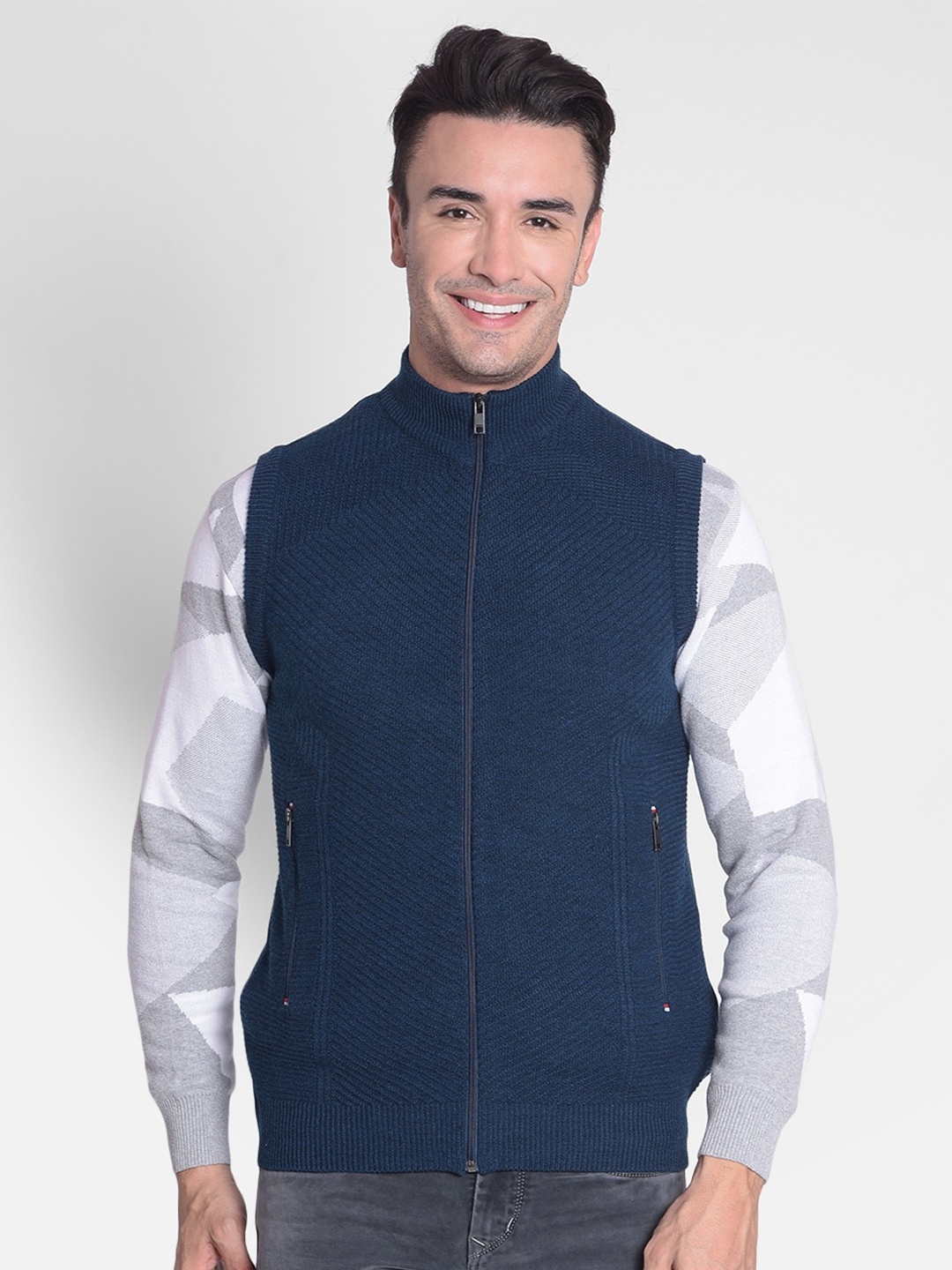 

Crimsoune Club Ribbed Mock Collar Acrylic Cardigan Sweater, Navy blue