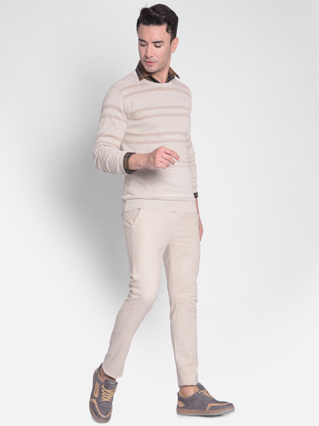 

Crimsoune Club Striped Pure Cotton Pullover Sweater, Beige