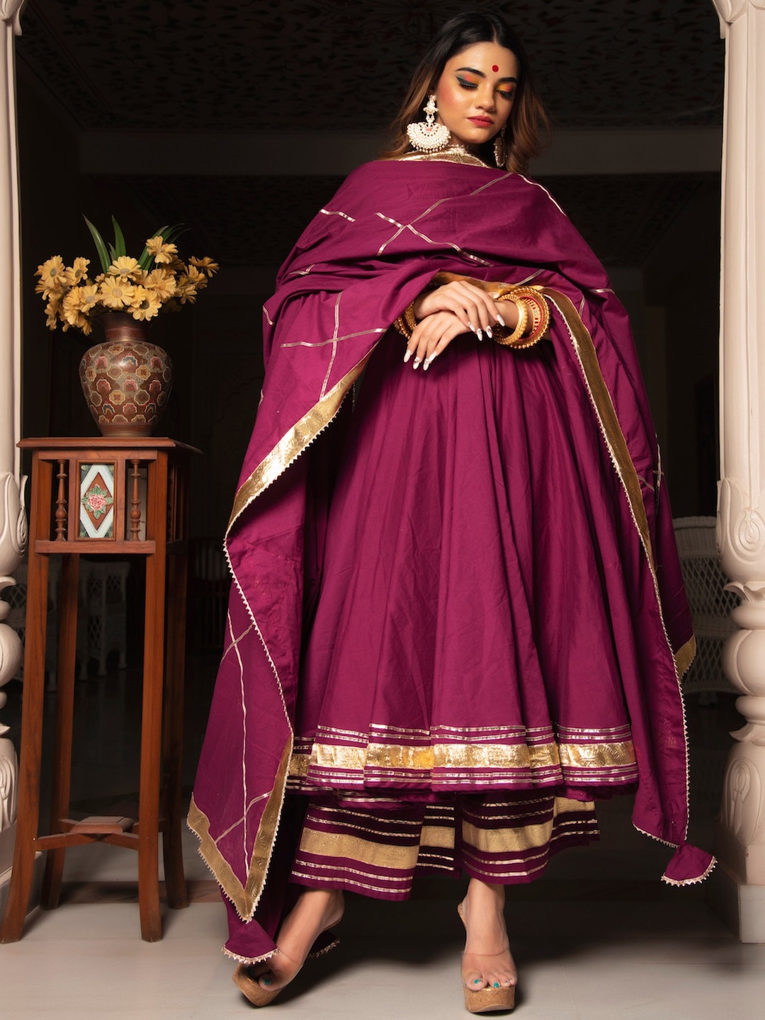 

Pomcha Gotta Patti Detail Pure Cotton Anarkali Kurta With Trousers And Dupatta, Burgundy