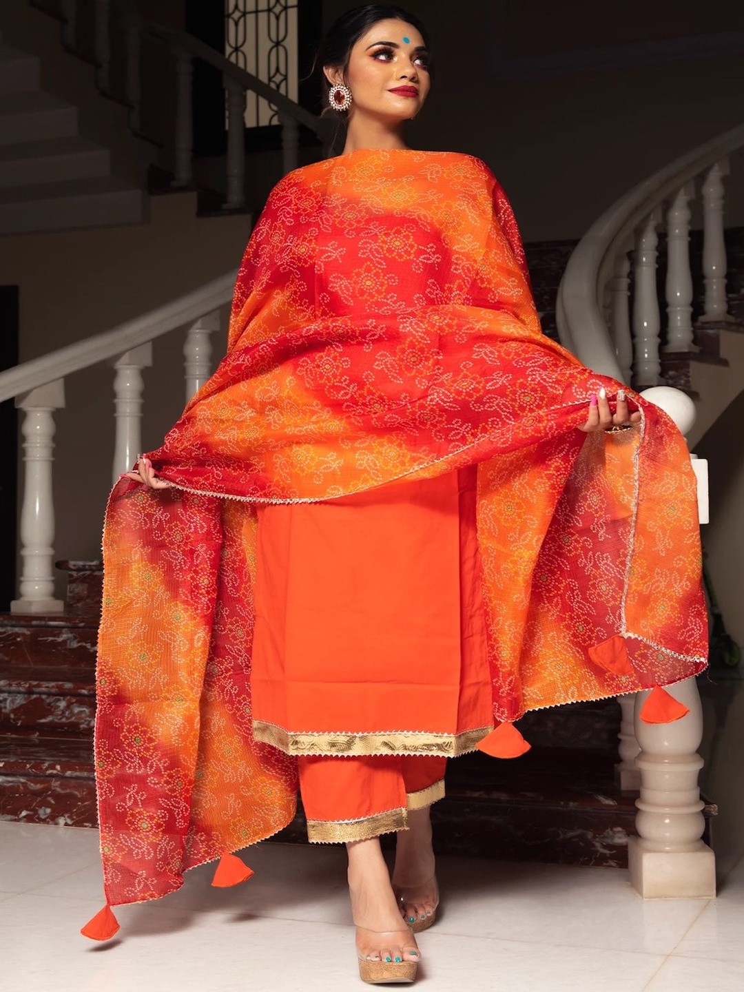 

Pomcha Gotta Patti Pure Cotton Straight Kurta With Trousers & Dupatta, Orange