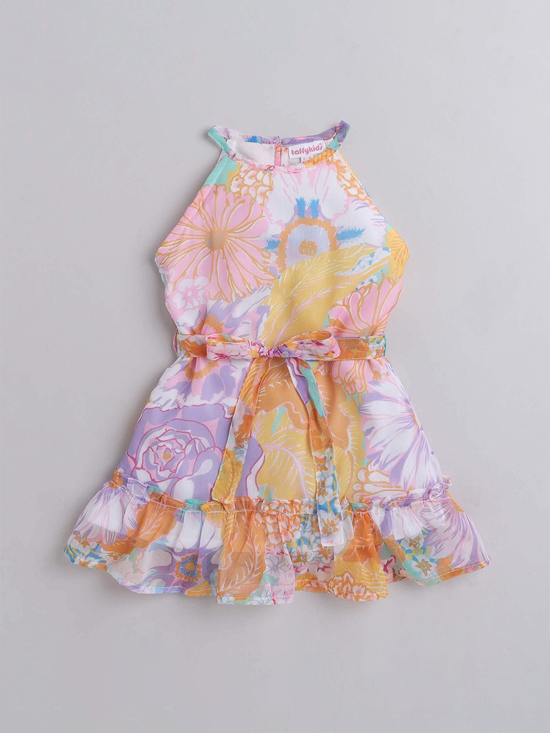 

taffykids Girls Floral Printed Round Neck Fit and Flare Tie-Ups Dress, White