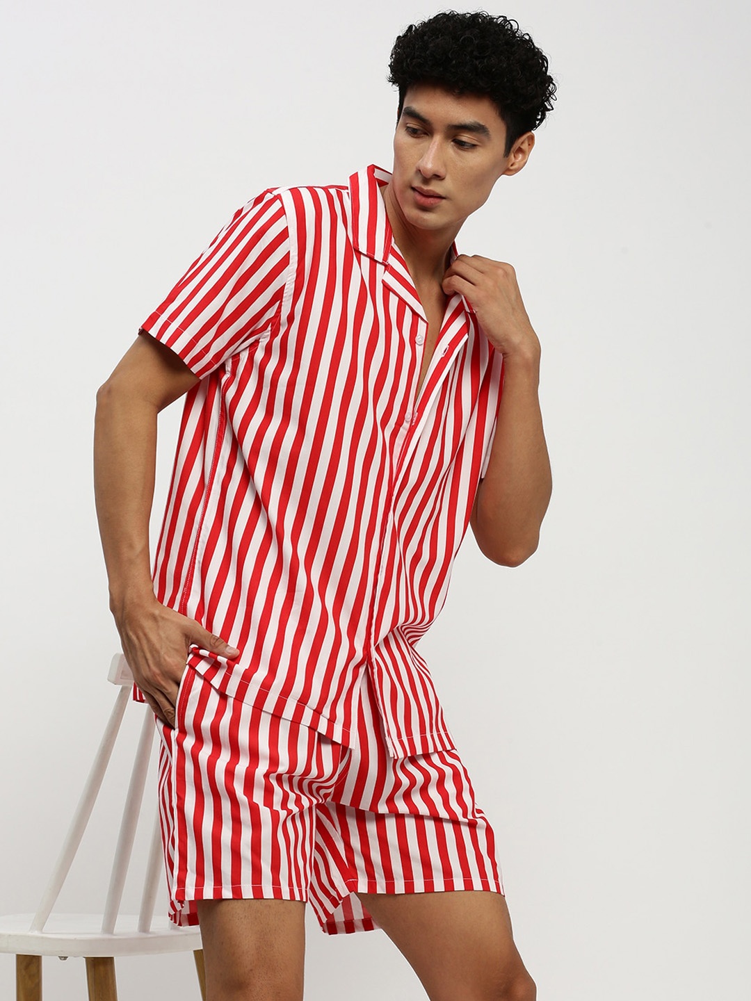 

SHOWOFF Striped Cuban Collar Shirt & Shorts, Red