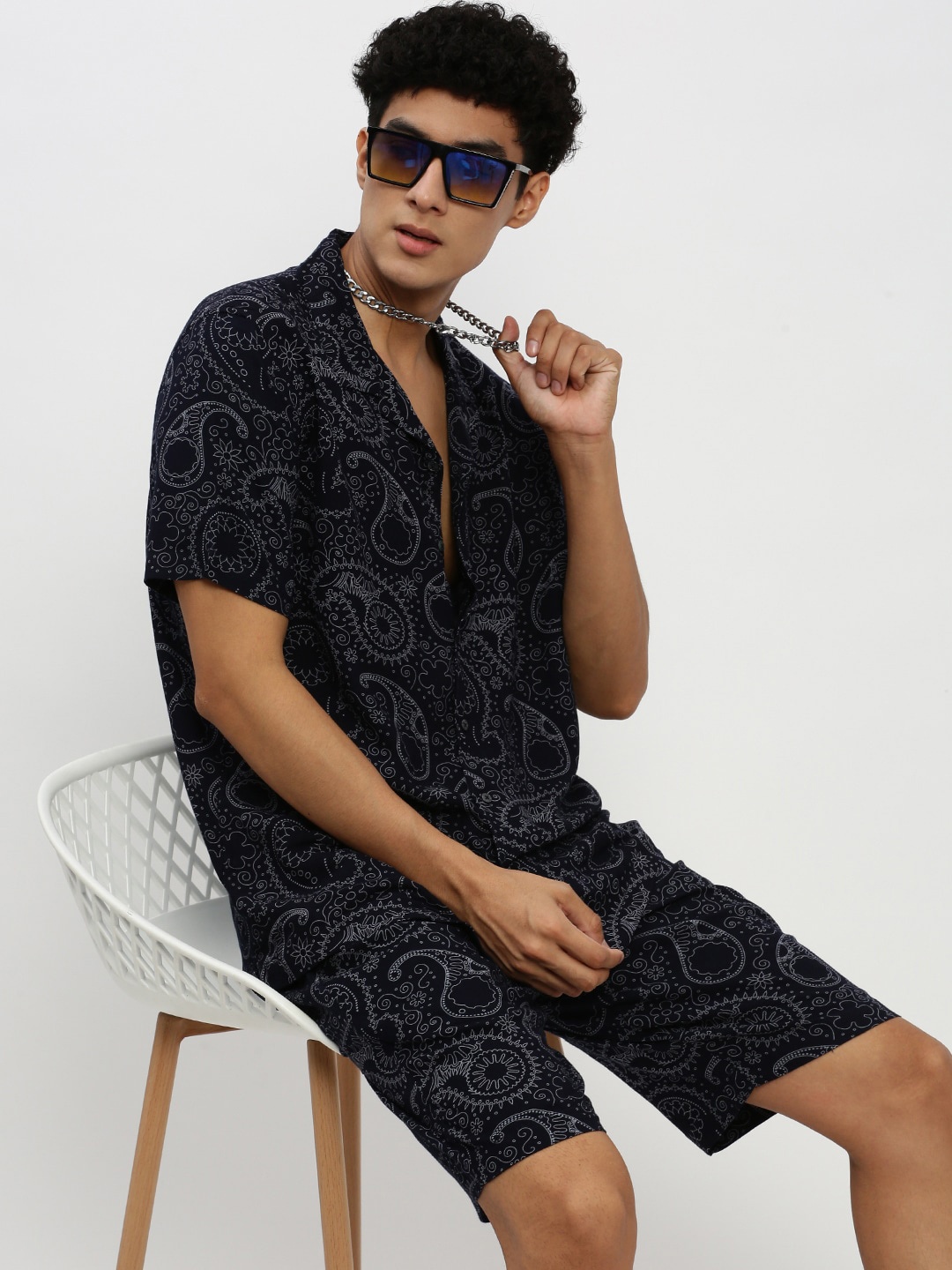 

SHOWOFF Ethnic Motifs Printed Cuban Collar Shirt & Shorts, Black