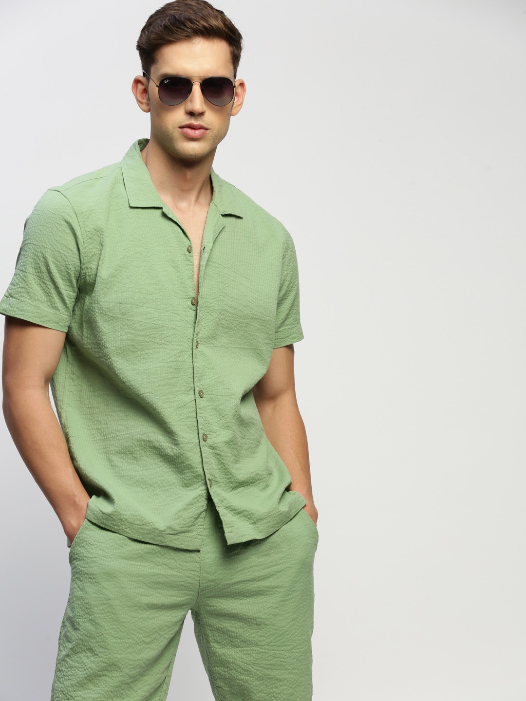 SHOWOFF Oversized Pure Cotton Shirt-Collar Shirt With Shorts, Sea green