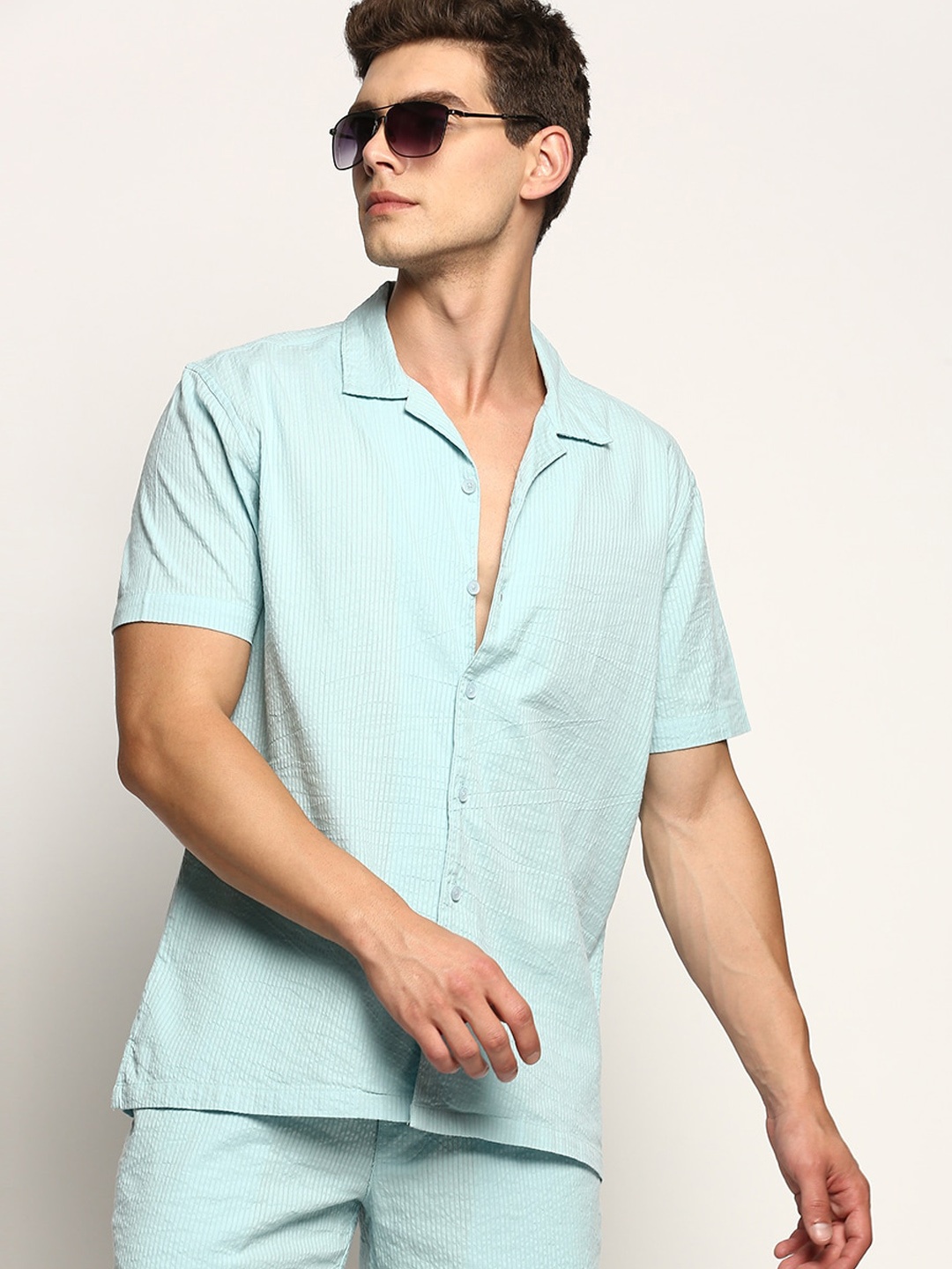 SHOWOFF Oversized Pure Cotton Shirt-Collar Shirt With Shorts, Blue