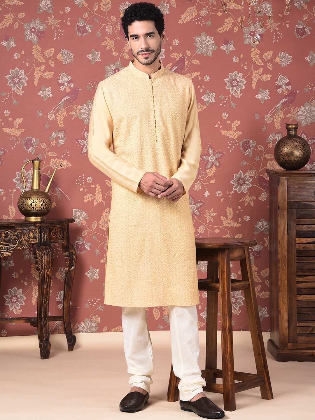 

House of Pataudi Embroidered Straight Kurta With Churidar Set, Beige