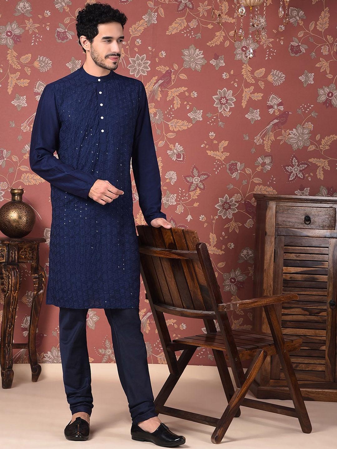 

House of Pataudi Embroidered Band Collar Long Sleeve Sequinned Straight Kurta Set, Navy blue