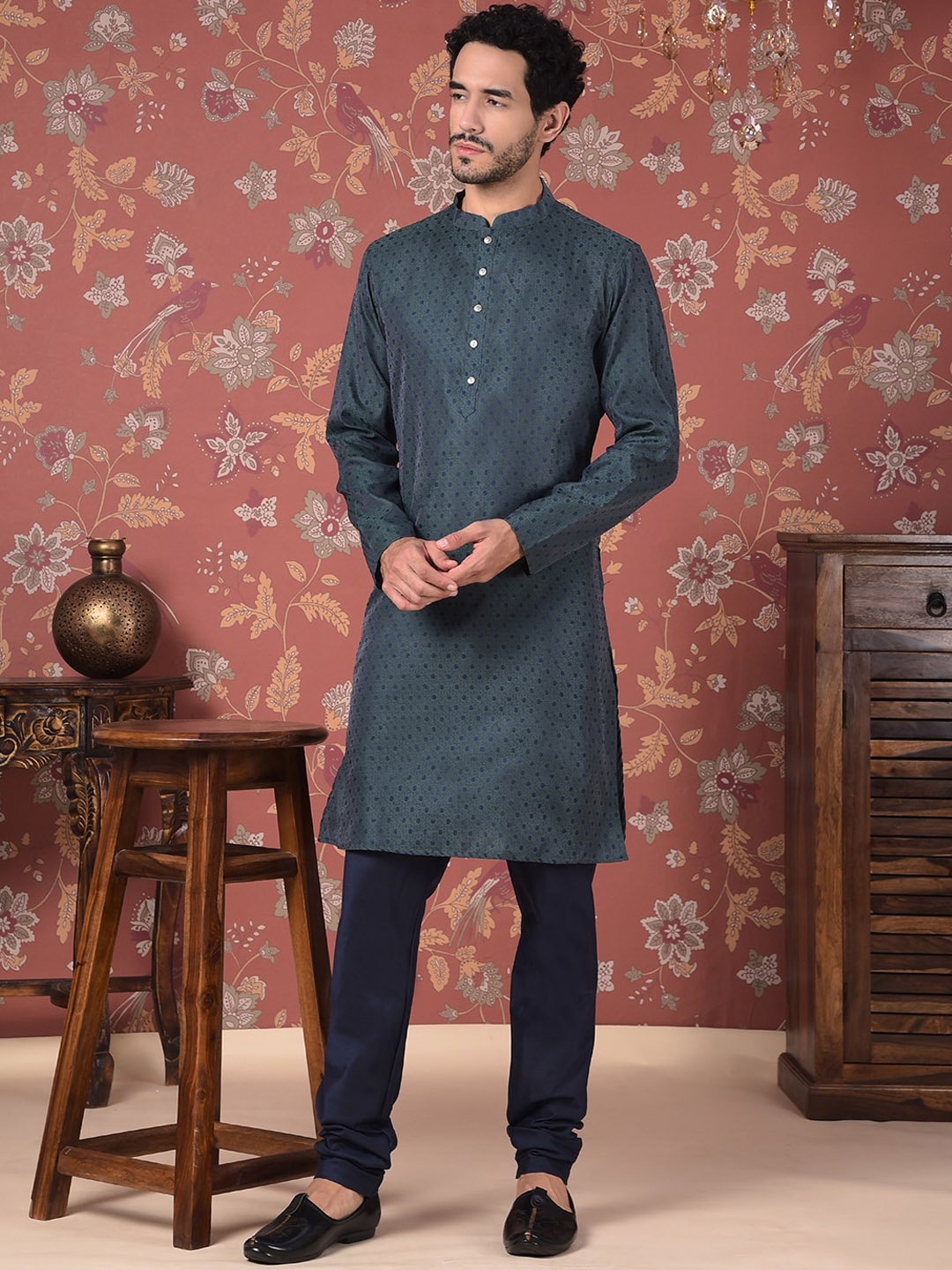 

House of Pataudi Woven Design Mandarin Collar Straight Kurta With Churidar Set, Green