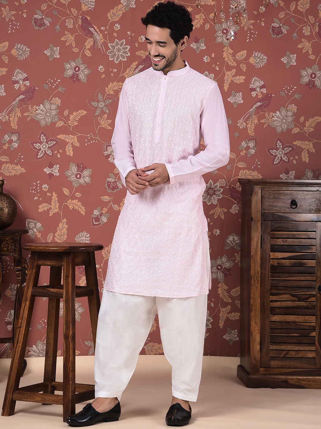 

House of Pataudi Ethnic Motifs Embroidered Straight Kurta With Salwar, Pink