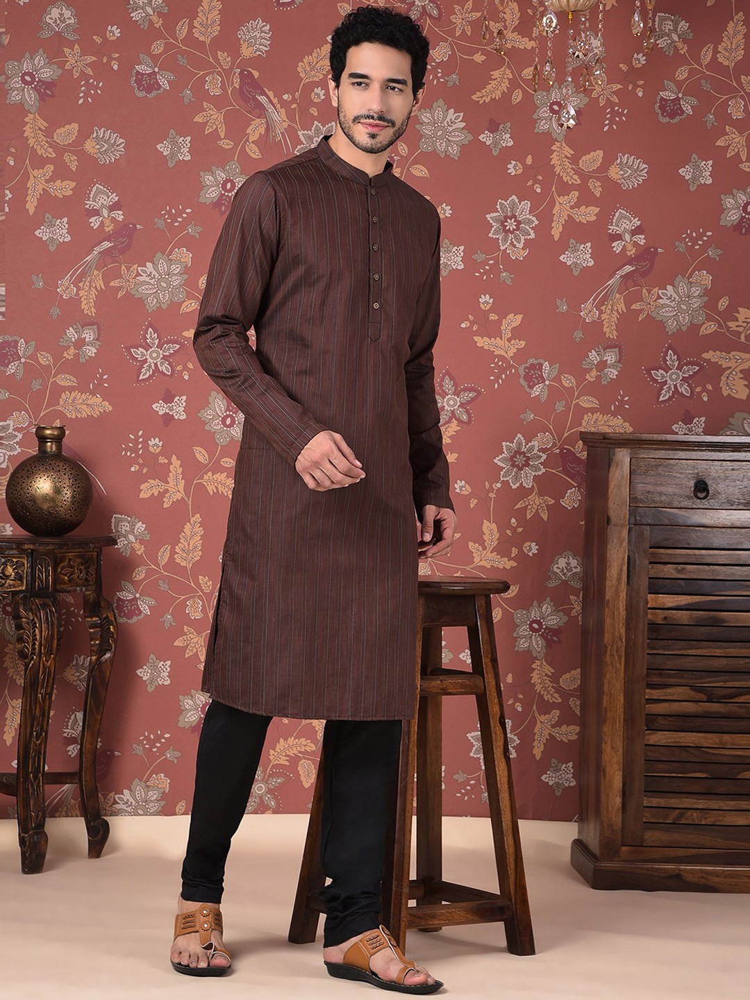 

House of Pataudi Striped Mandarin Collar Straight Kurta With Churidar, Brown