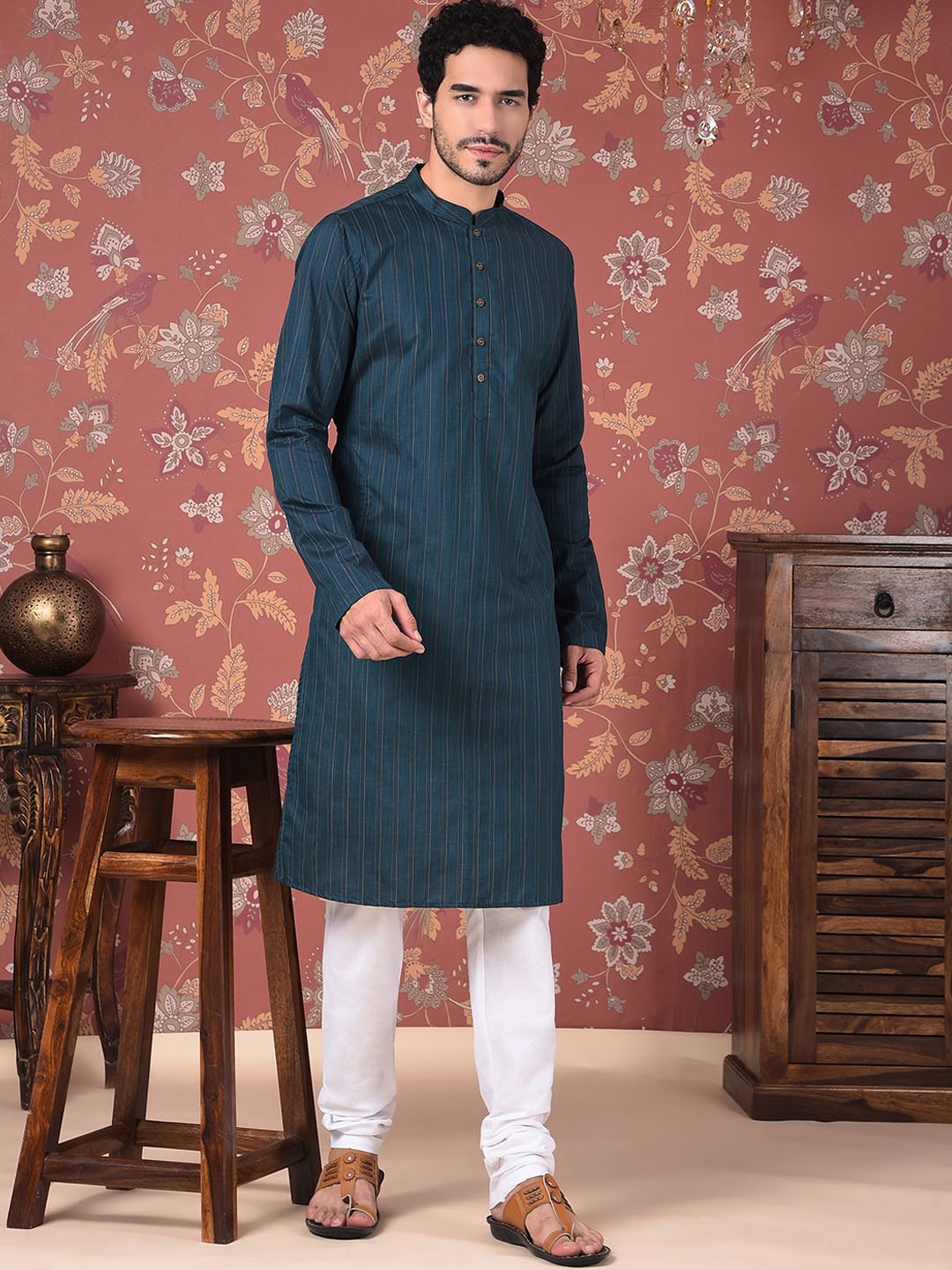 

House of Pataudi Striped Mandarin Collar Jacquard Kurta With Churidar, Blue