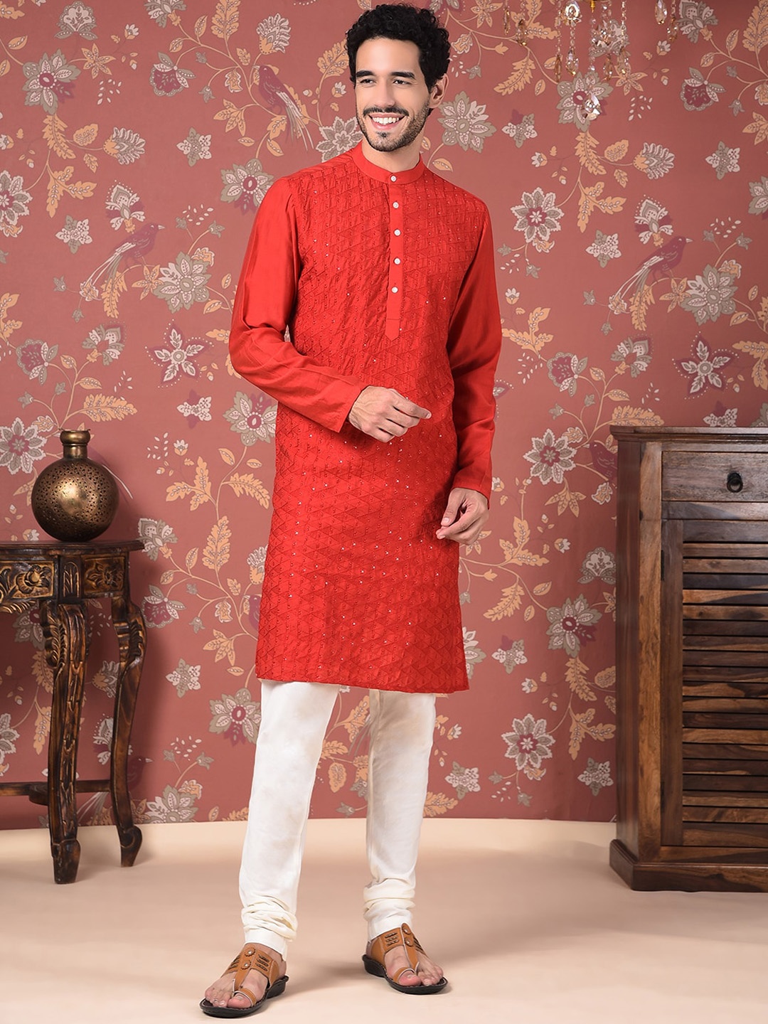 

House of Pataudi Embroidered Straight Kurta With Churidar Set, Red