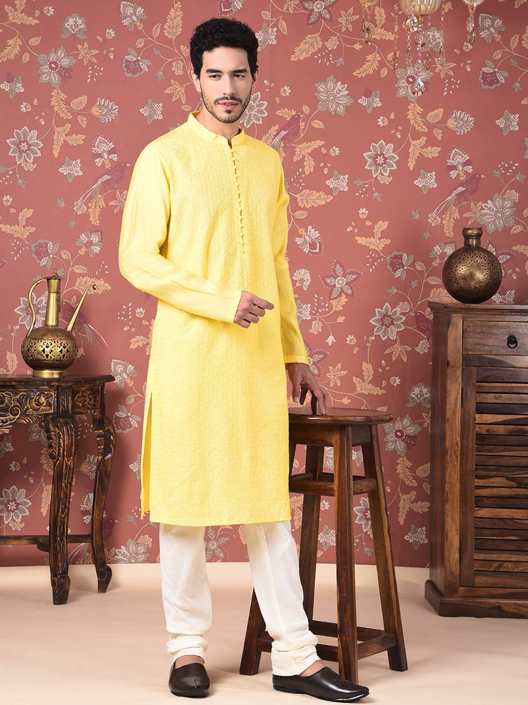 

House of Pataudi Ethnic Motifs Embroidered Thread Work Straight Kurta With Churidar, Yellow