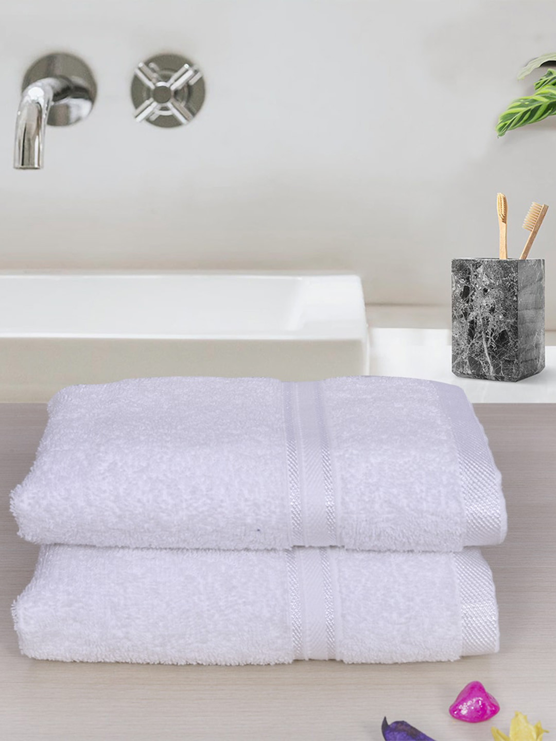 

RANGOLI White 2 Pieces Super Comfy Quick-Dry Cotton 400 GSM Hand Towels