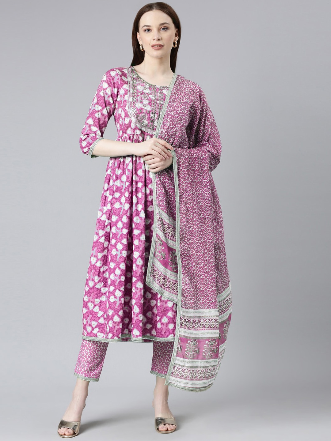 

ERISHA Floral Embroidered Regular Mirror Work Pure Cotton Kurta With Trousers & Dupatta, Purple