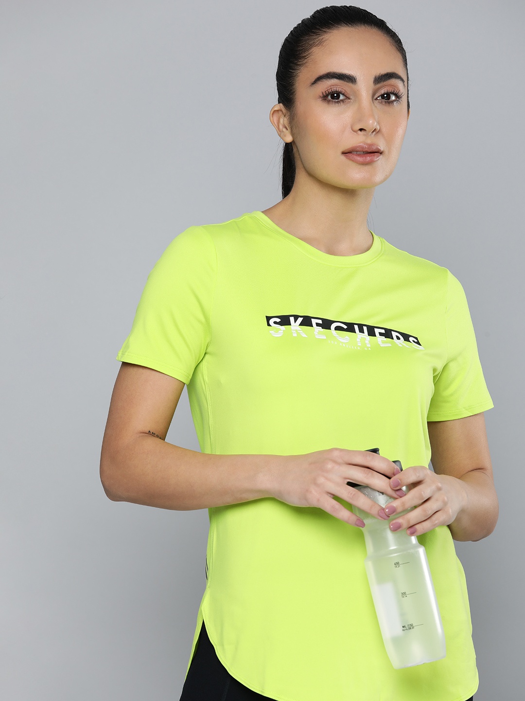 

Skechers Comfort fit Moisture wicking Godri Essential Long Brand Logo Printed T-shirt, Lime green