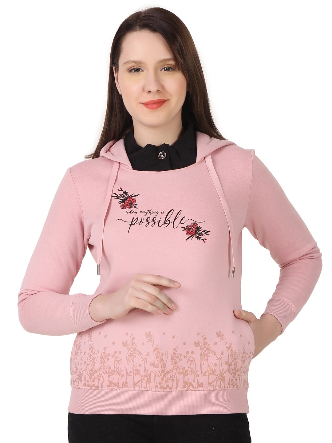 

FLOSBERRY Typography Printed Hooded Cotton Pullover Sweatshirt, Pink