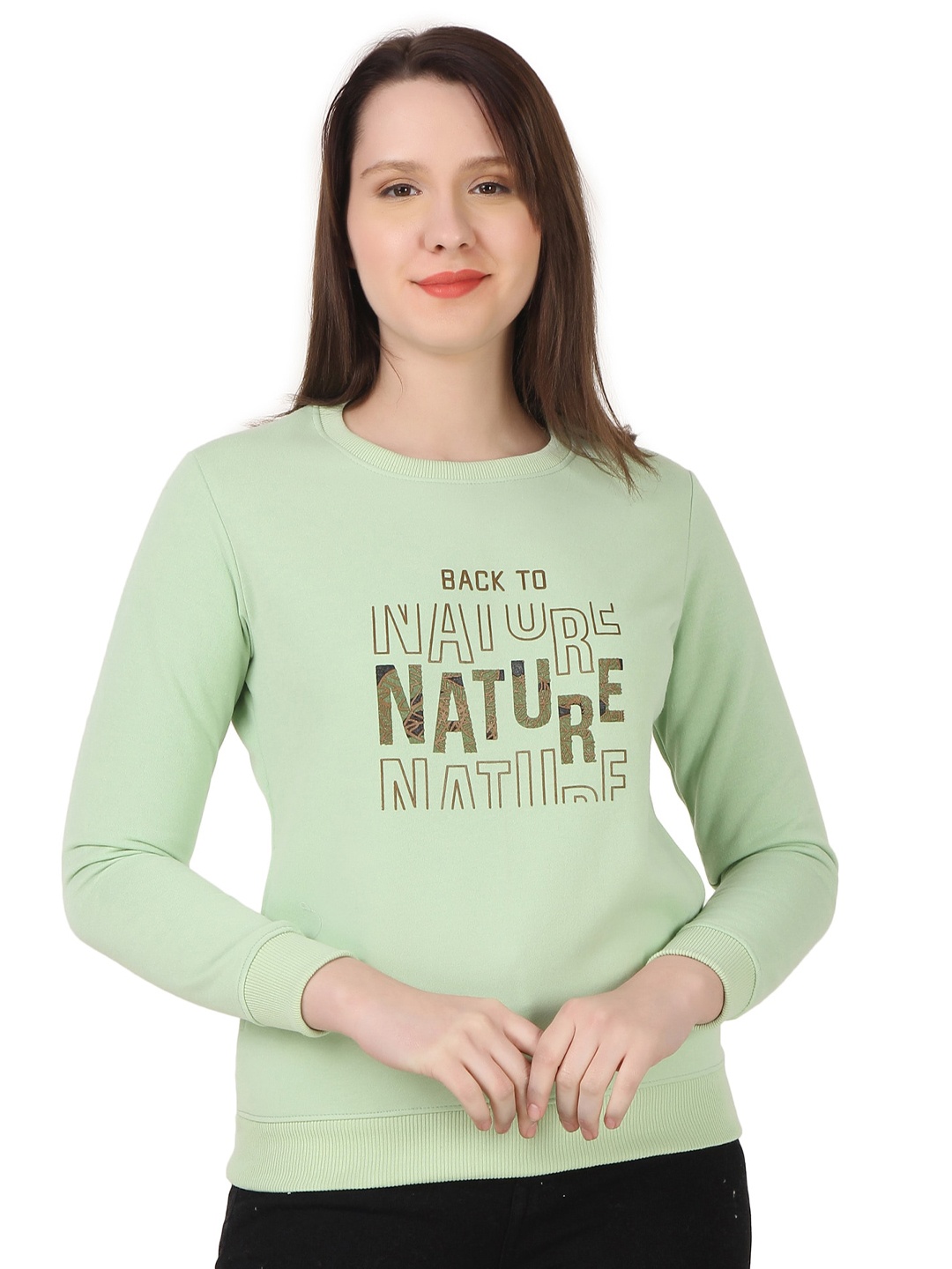 

FLOSBERRY Typography Printed Round Neck Cotton Pullover Sweatshirt, Green