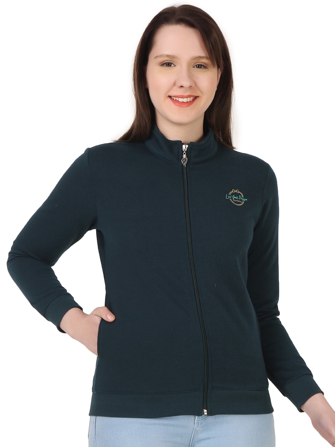 

FLOSBERRY High Neck Long Sleeve Zip Closure Cotton Front-Open Sweatshirt, Green