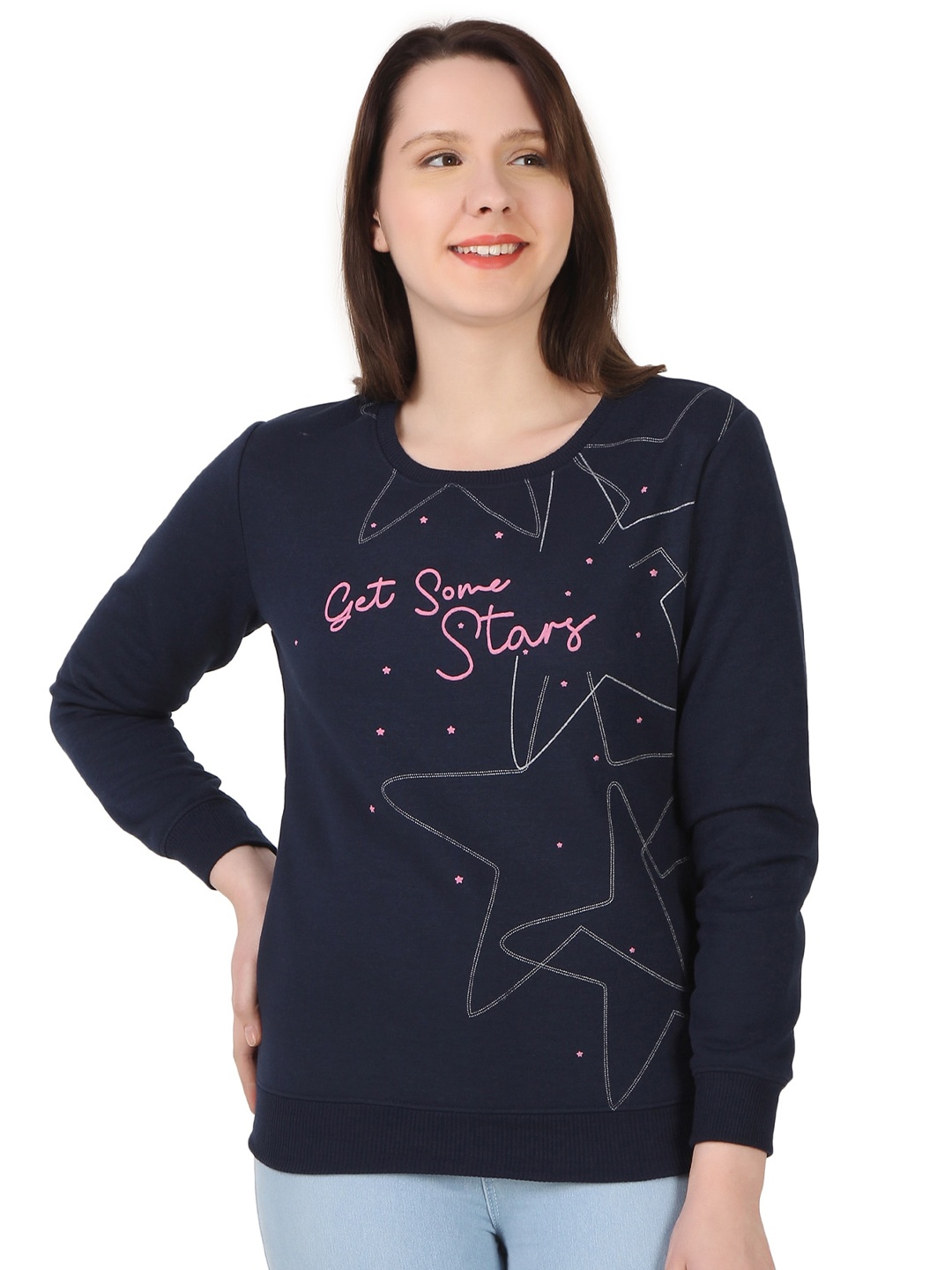 

FLOSBERRY Typography Printed Round Neck Cotton Pullover Sweatshirt, Navy blue