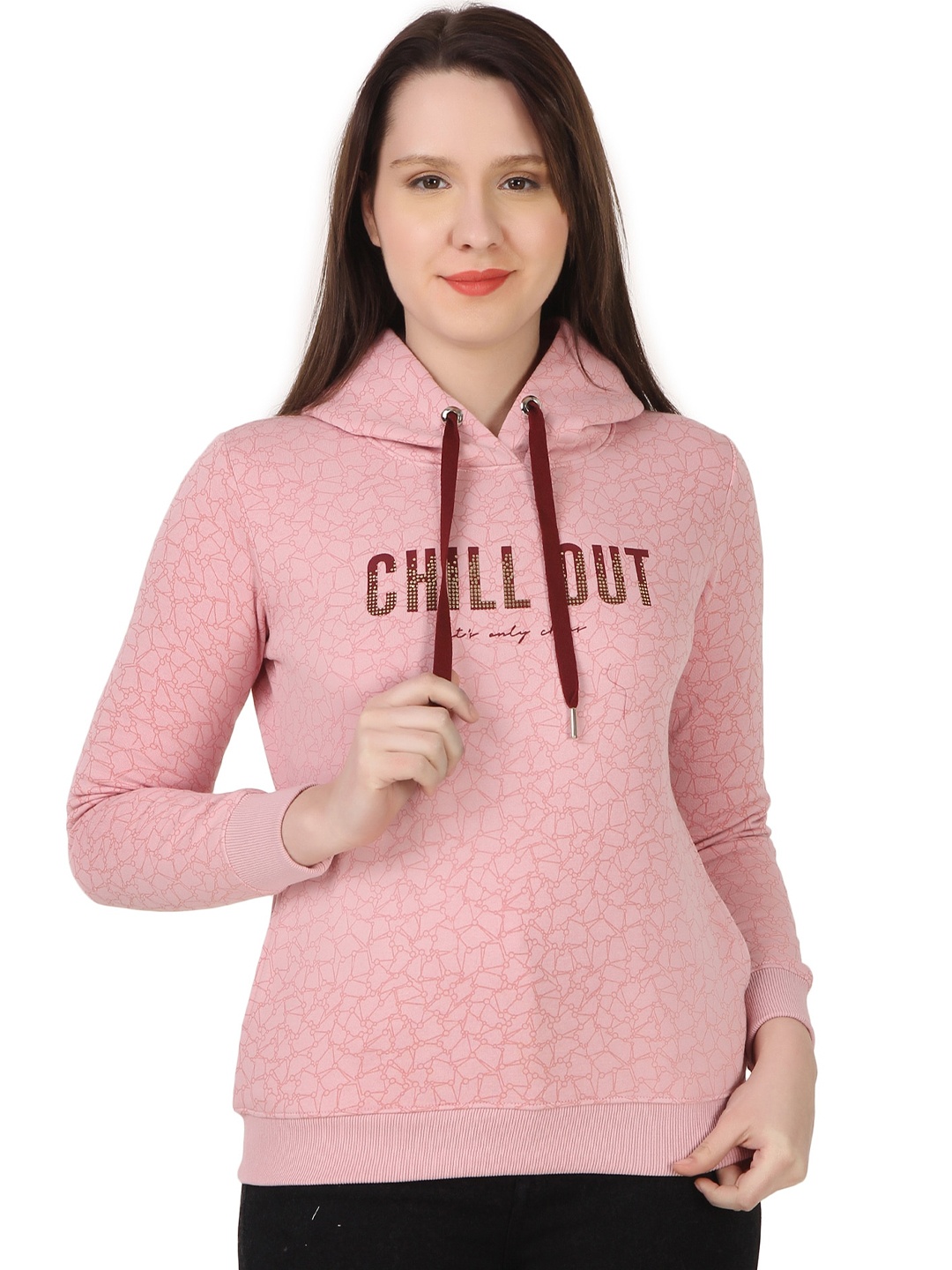 

FLOSBERRY Typography Printed Hooded Neck Cotton Pullover Sweatshirt, Pink