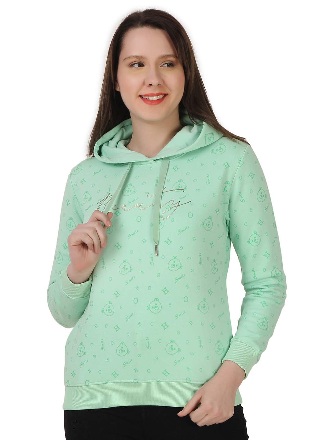 

FLOSBERRY Typography Printed Hooded Neck Cotton Pullover Sweatshirt, Sea green