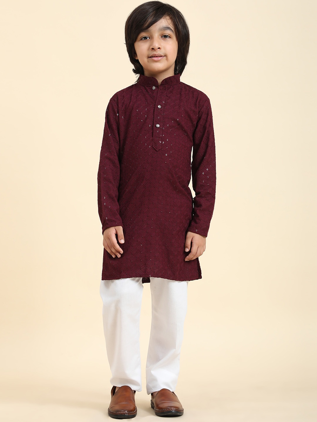 

Pro-Ethic STYLE DEVELOPER Boys Geometric Embroidered Regular Sequinned Kurta with Trousers, Burgundy