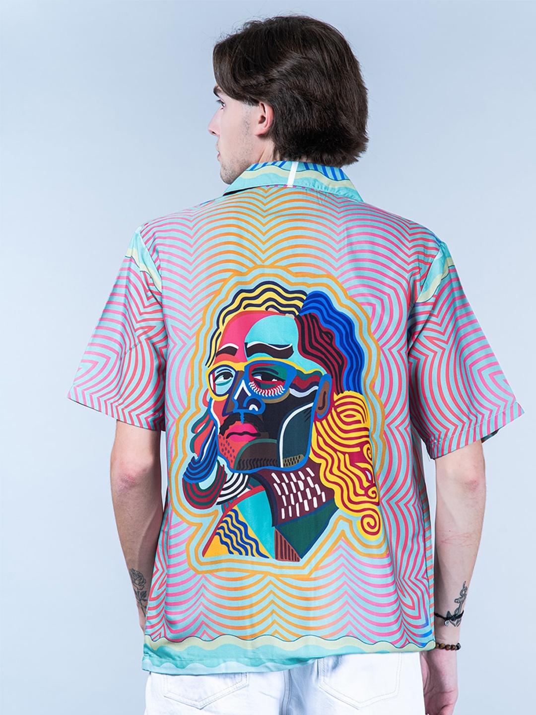 

Tistabene Graphic Printed Cuban Collar New Oversized Fit Casual Shirt, Blue