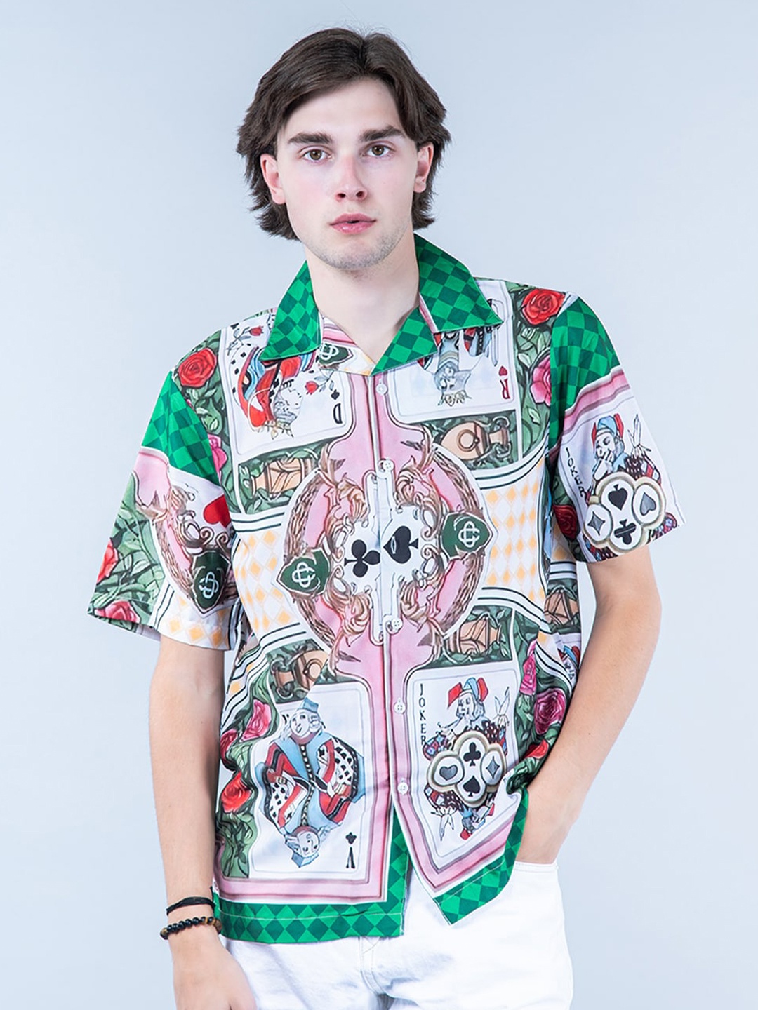 

Tistabene Graphic Printed Cuban Collar New Oversized Fit Casual Shirt, Green