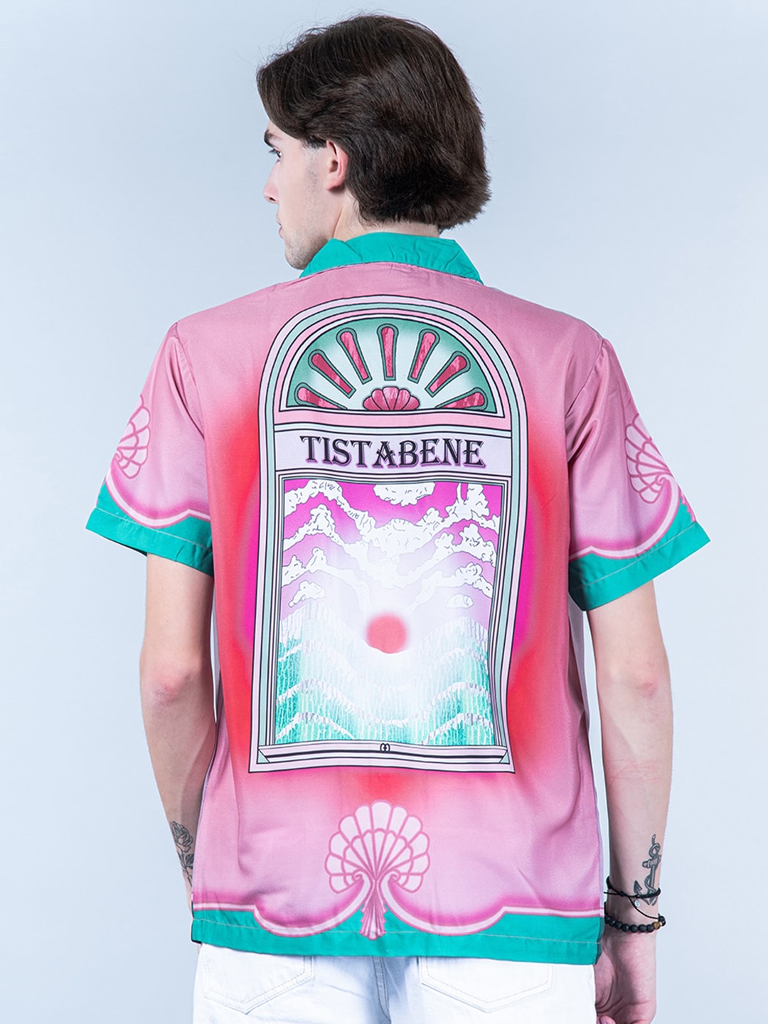 

Tistabene Graphic Printed Cuban Collar New Oversized Fit Casual Shirt, Pink