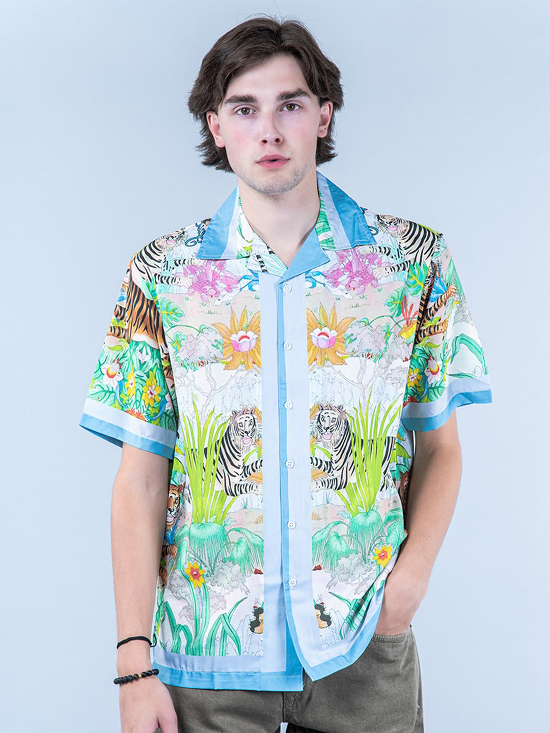 

Tistabene Graphic Printed Cuban Collar New Oversized Fit Casual Shirt, Blue