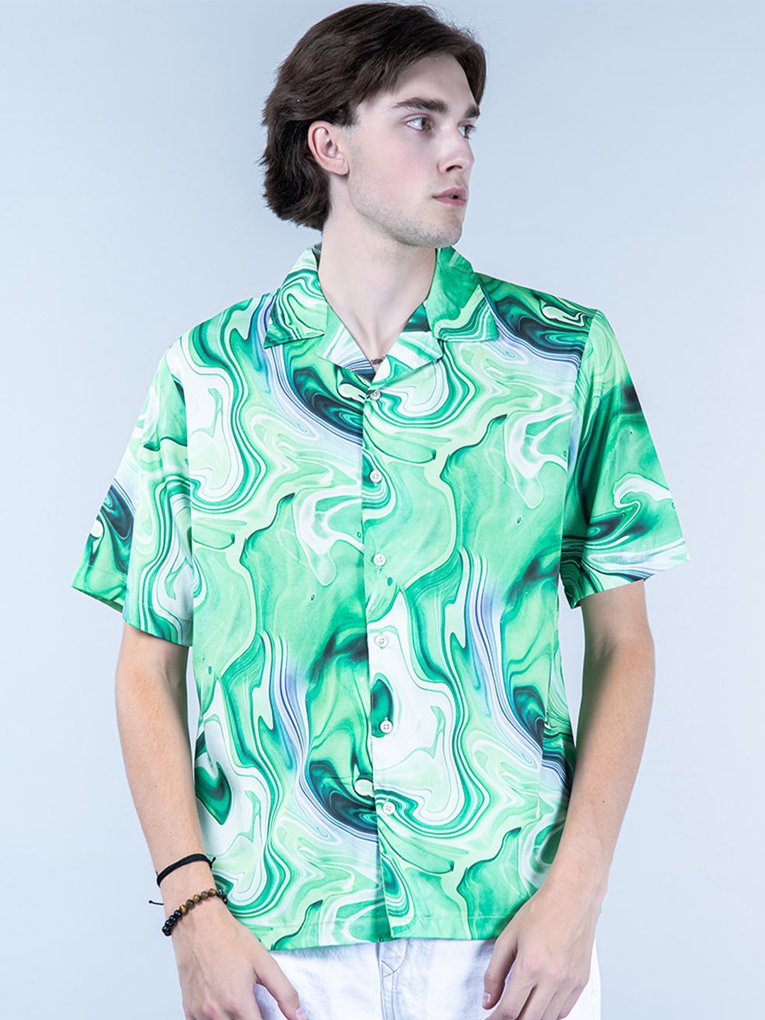 

Tistabene Abstract Printed Cuban Collar New Oversized Fit Casual Shirt, Green