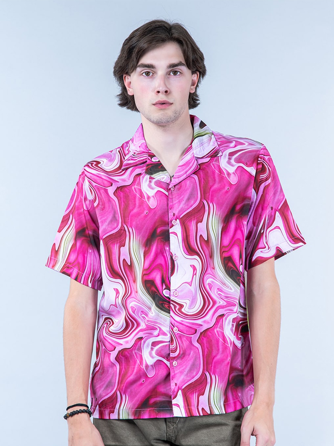 

Tistabene Abstract Printed Cuban Collar New Oversized Fit Casual Shirt, Pink