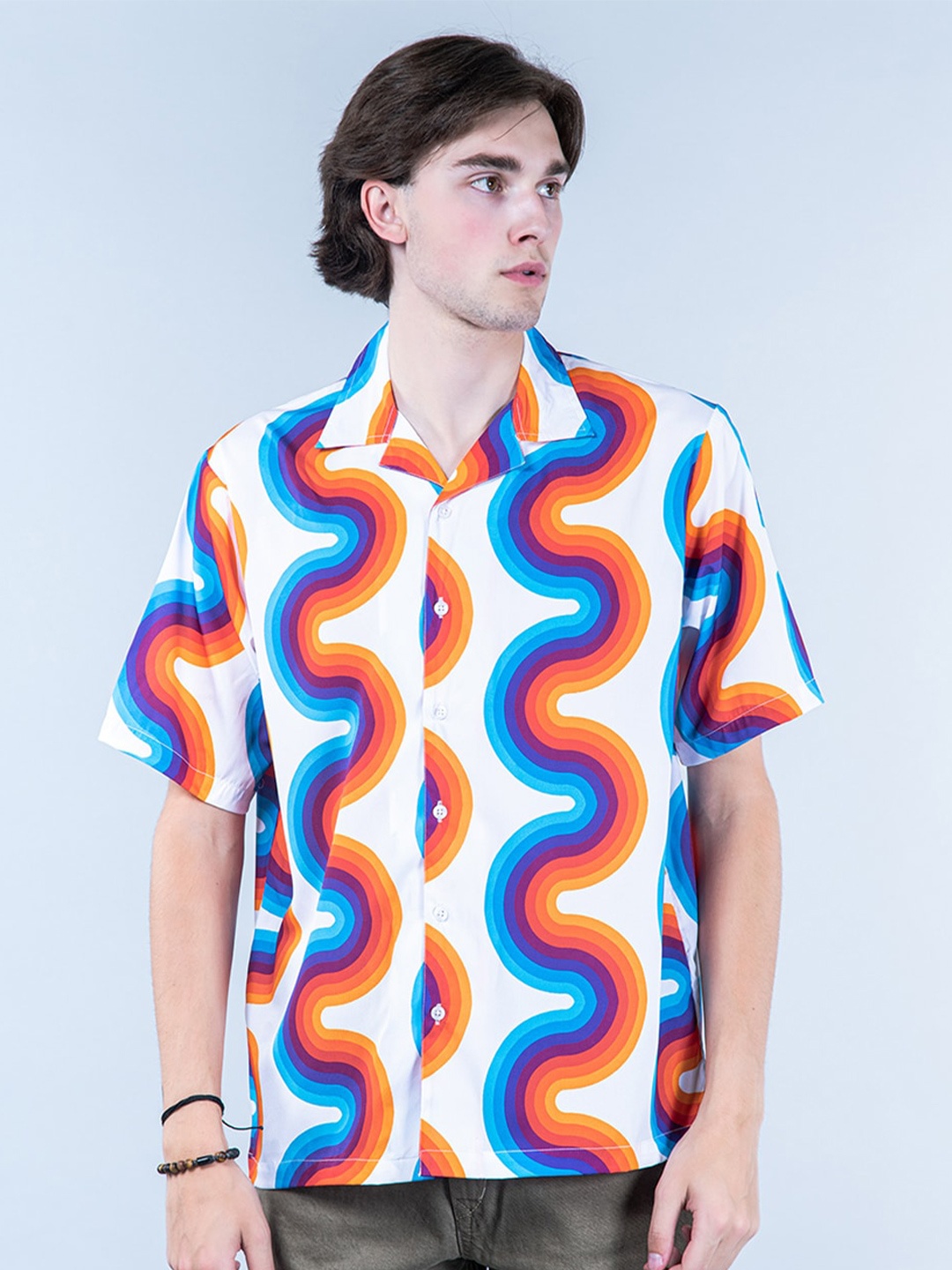 

Tistabene Geometric Printed Cuban Collar New Oversized Fit Casual Shirt, White