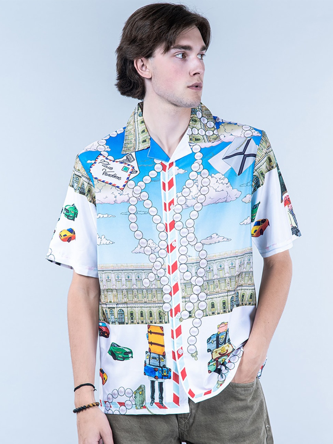 

Tistabene Graphic Printed Cuban Collar New Oversized Fit Casual Shirt, Blue