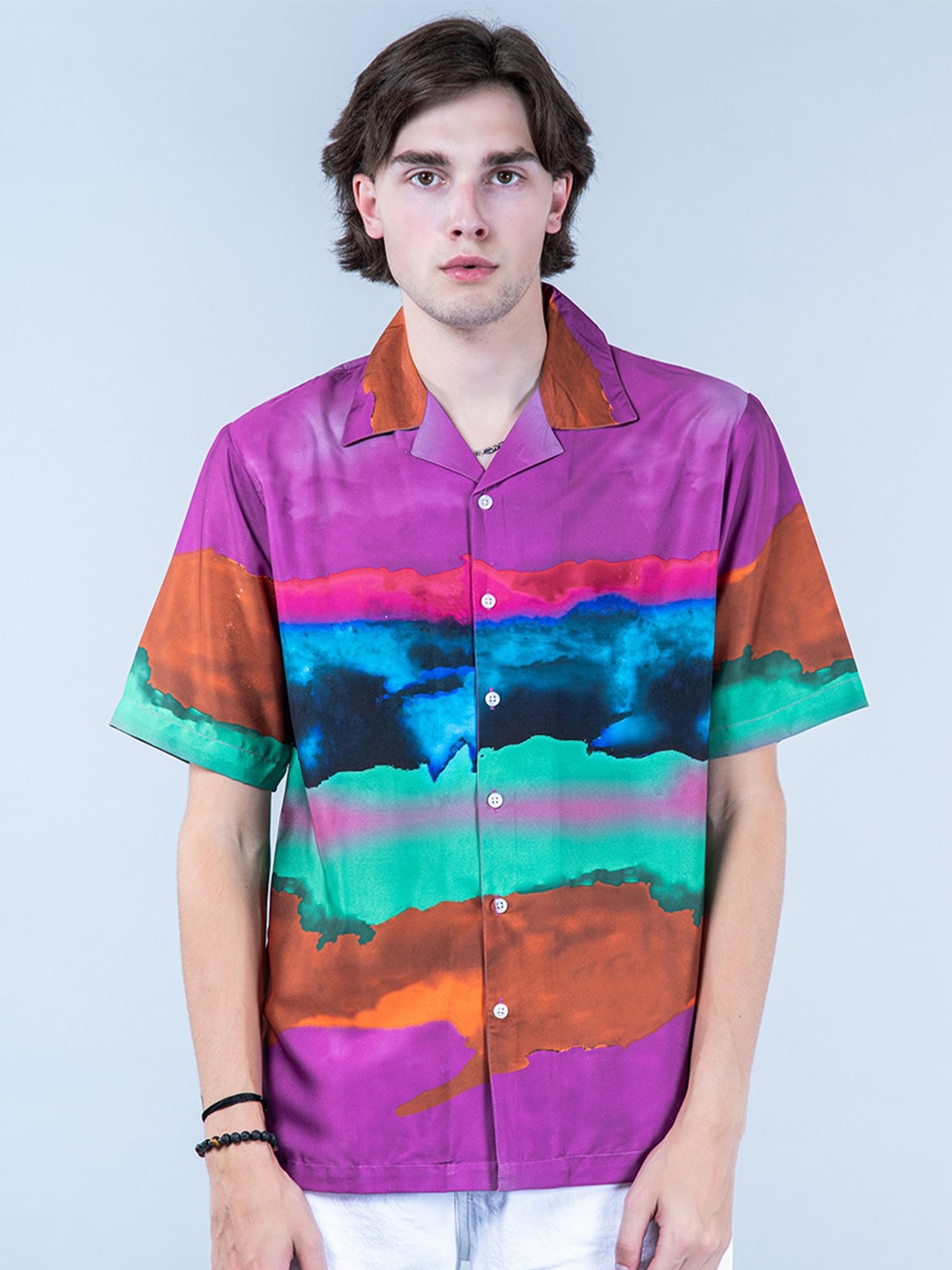 

Tistabene Abstract Printed Cuban Collar New Oversized Fit Casual Shirt, Lavender